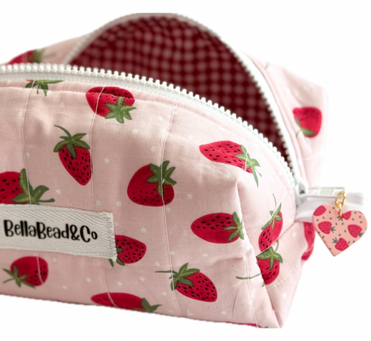 Handmade Makeup Bag - Pink and Red Strawberries